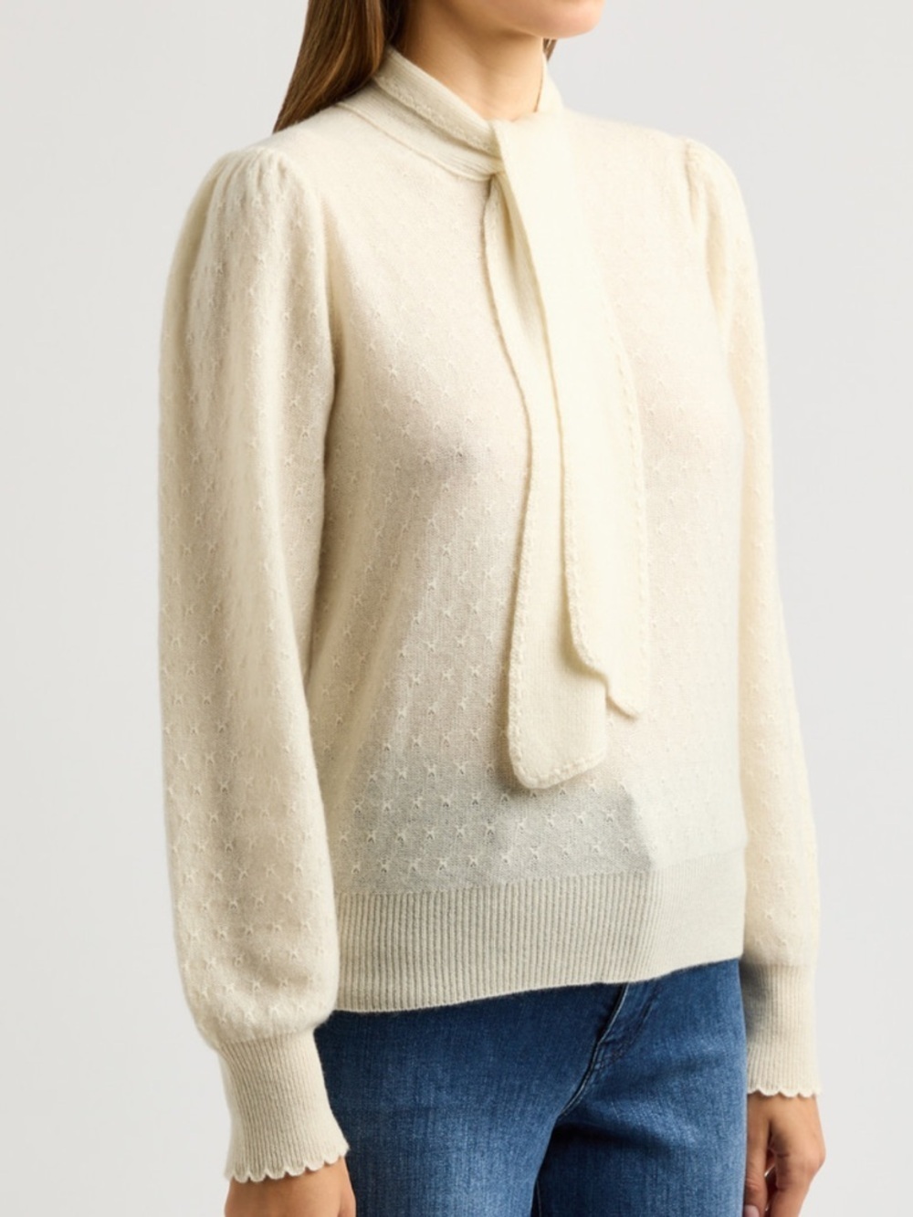 Frame Tie-Neck Pointelle Cashmere Jumper Sweater Size Large